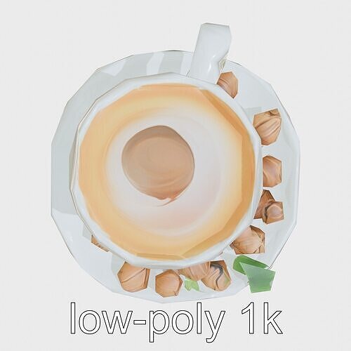 Elegant White Coffee Mug with Saucer and Brazil Nuts Low-poly 3D model 5
