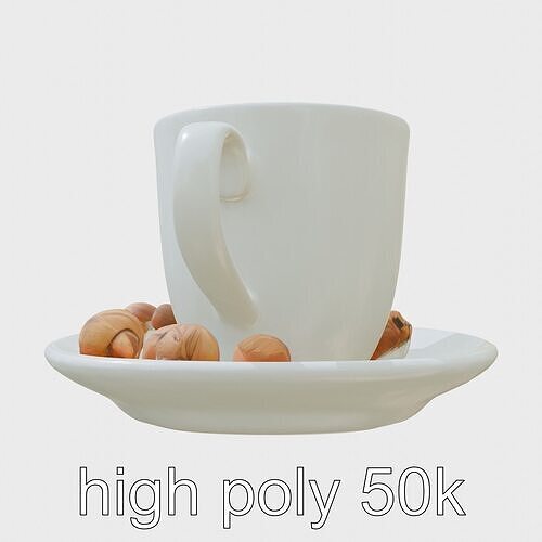 Elegant White Coffee Mug with Saucer and Brazil Nuts Low-poly 3D model 3