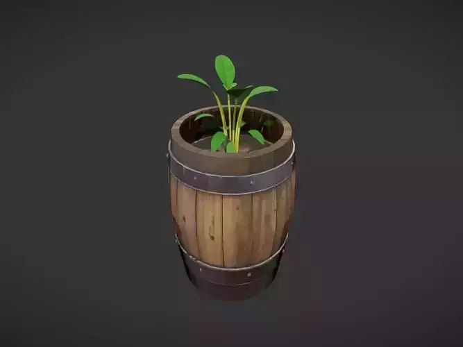 wooden barrel planter with plants