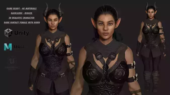AAA 3D REALISTIC CHARACTER - DARK FANTASY FEMALE WITH HORN Low-poly 3D model
