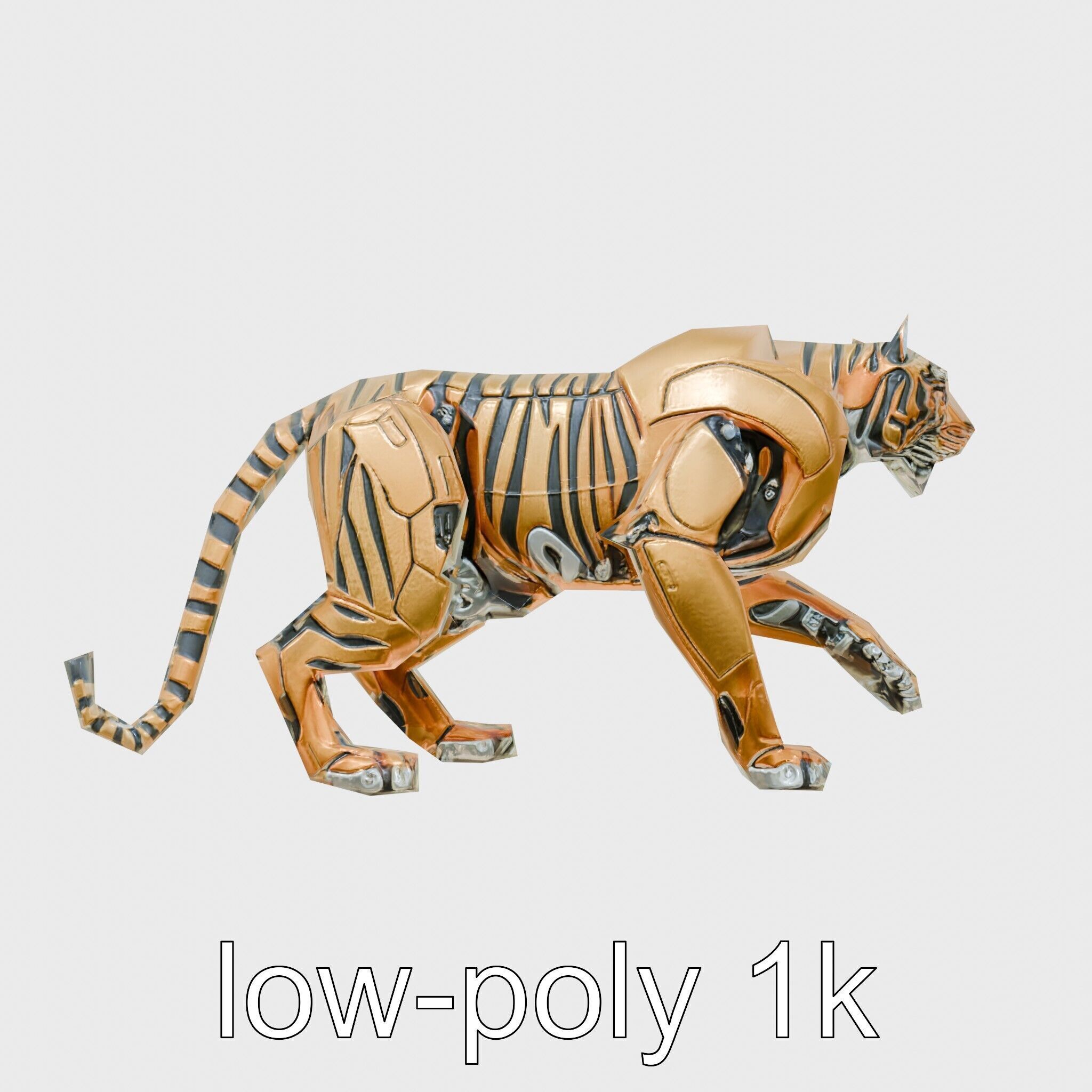 Robotic Tiger with Gold Black Pattern and Laser Mounts Low-poly 3D model_26