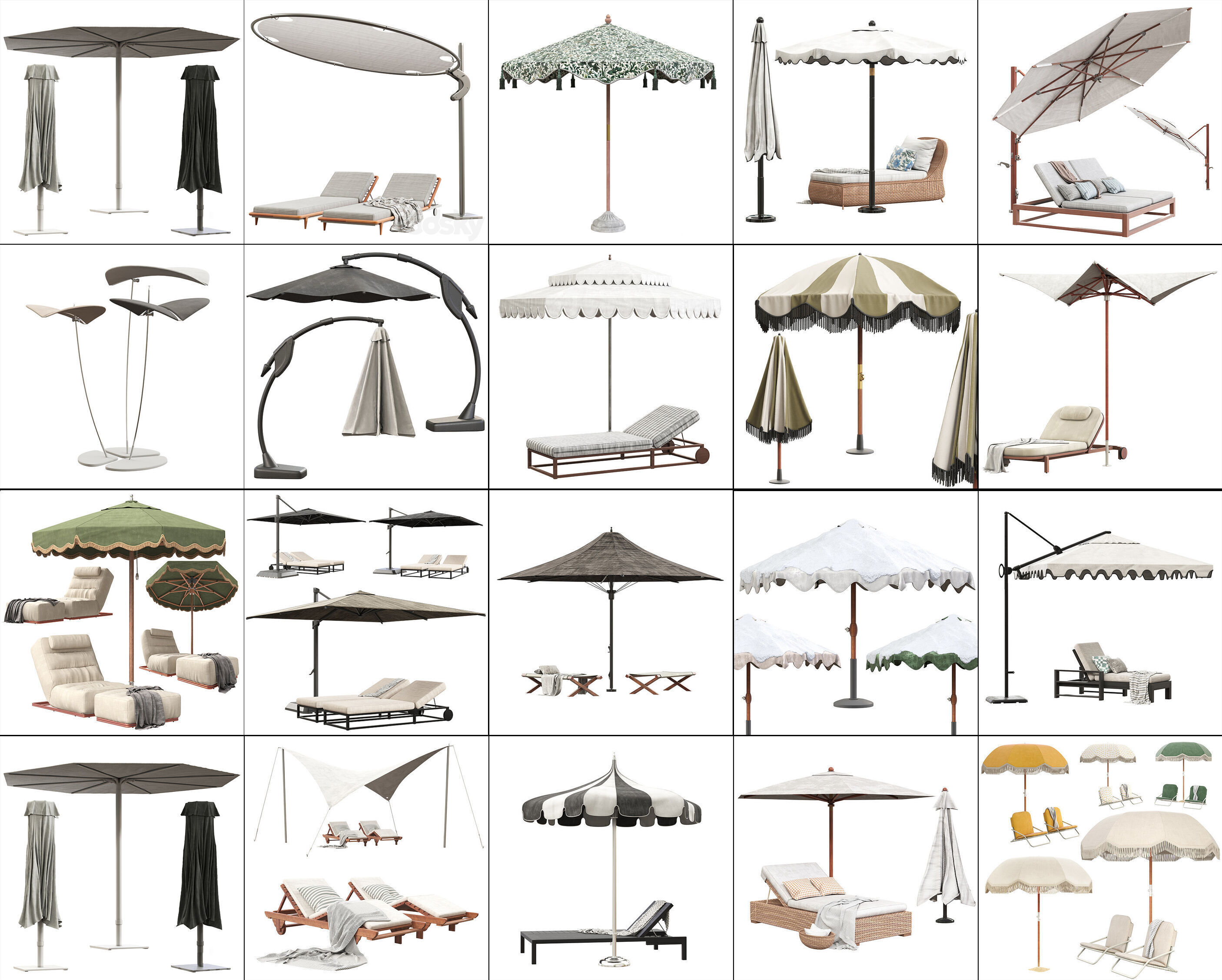 20 Highpoly Parasol  and 13 Highpoly sunbed pack 3D model_1