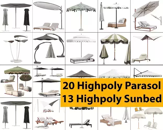 20 Highpoly Parasol  and 13 Highpoly sunbed pack 3D model