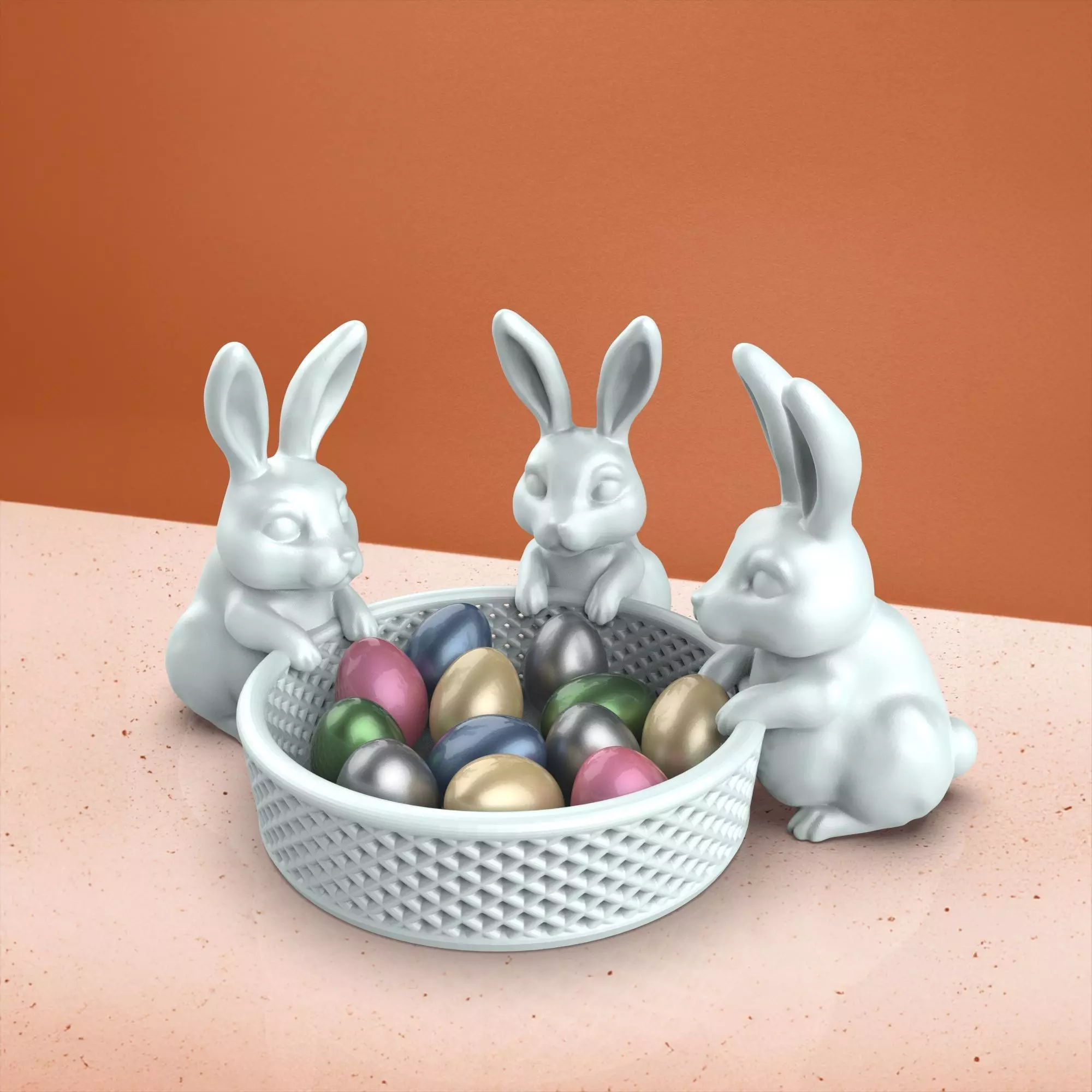 3D Easter Bunny Basket - 3 Rabbit Model 3D print model_0