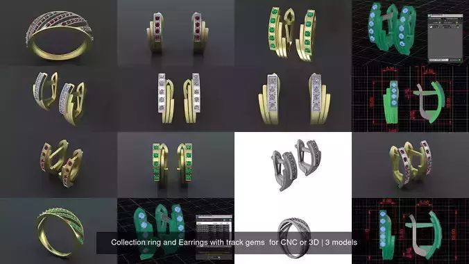 Collection ring and Earrings with track gems  for CNC or 3D