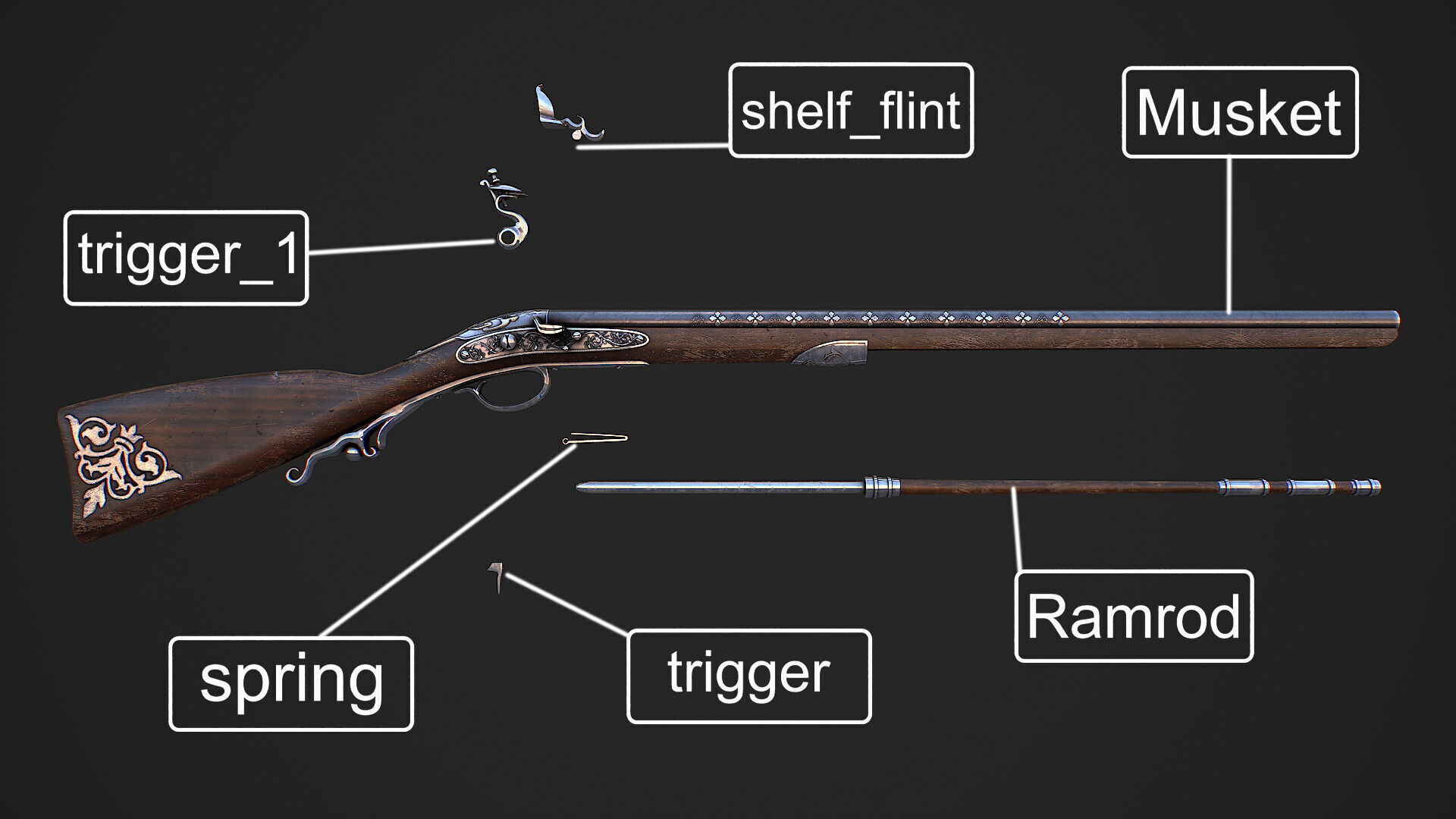 Flintlock Musket Low-poly 3D model_3