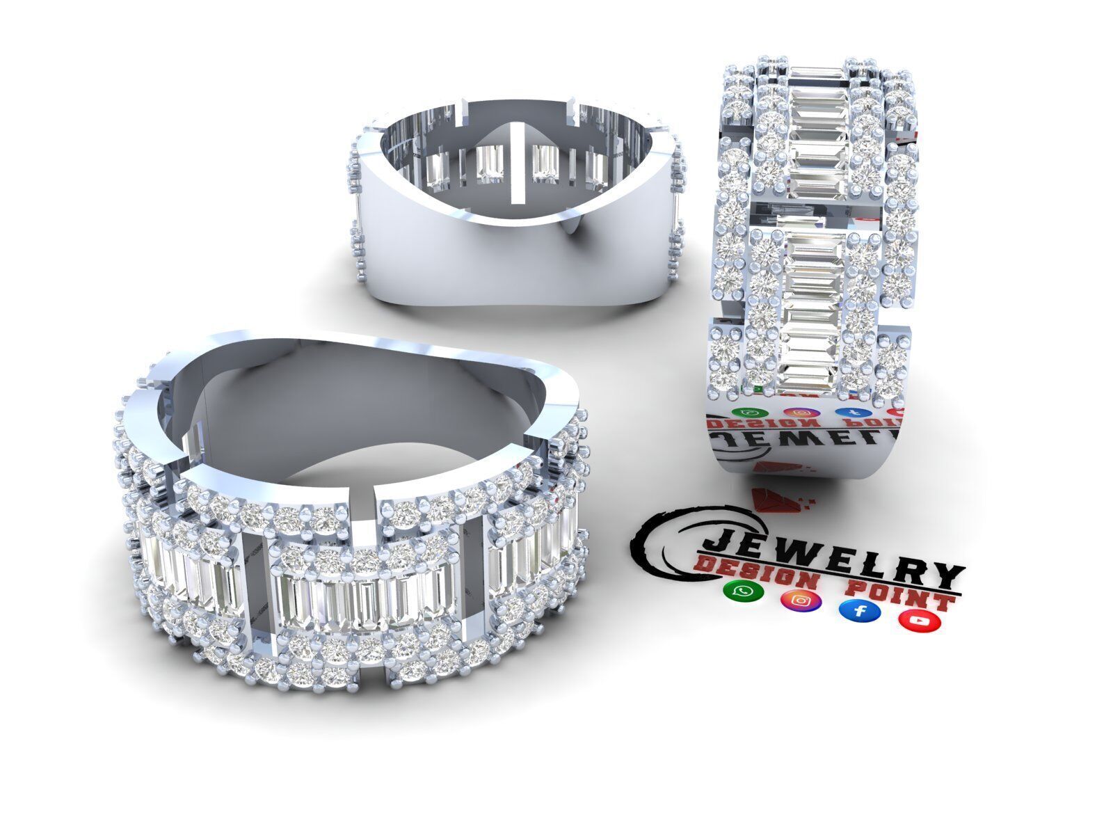 Custom Diamond Ring - Baguette with Round Diamond  Ring  3D print model_3