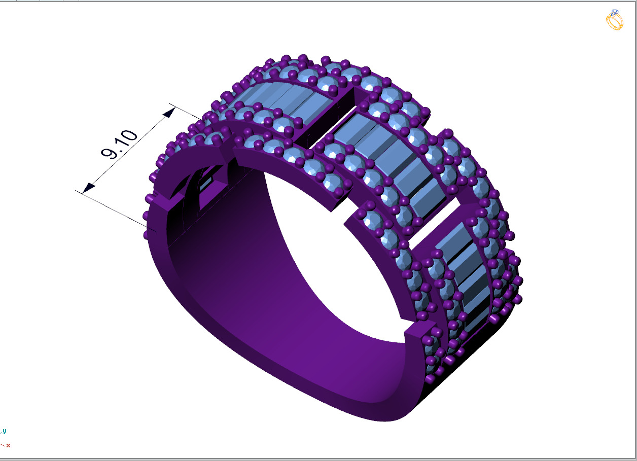Custom Diamond Ring - Baguette with Round Diamond  Ring  3D print model_4