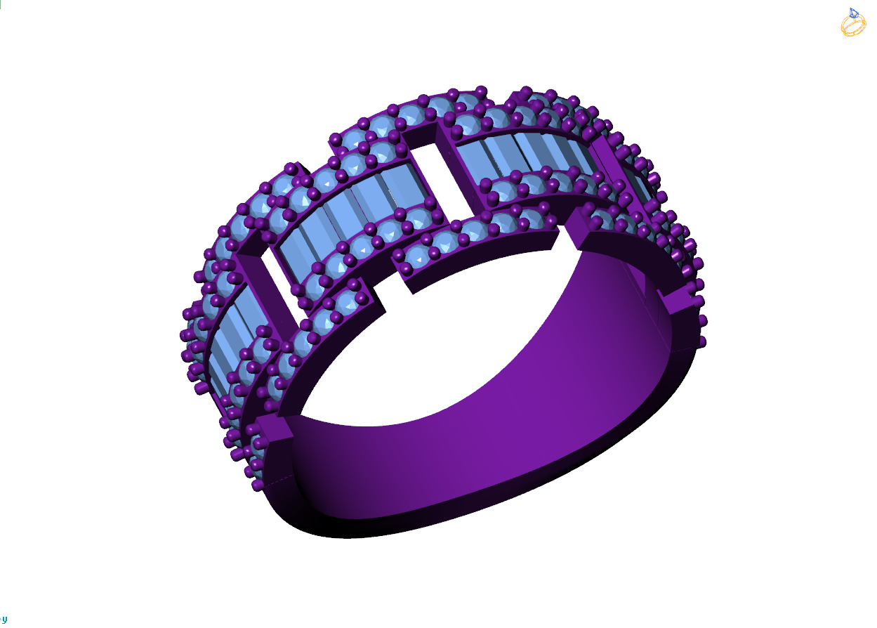 Custom Diamond Ring - Baguette with Round Diamond Ring 3D print model_8