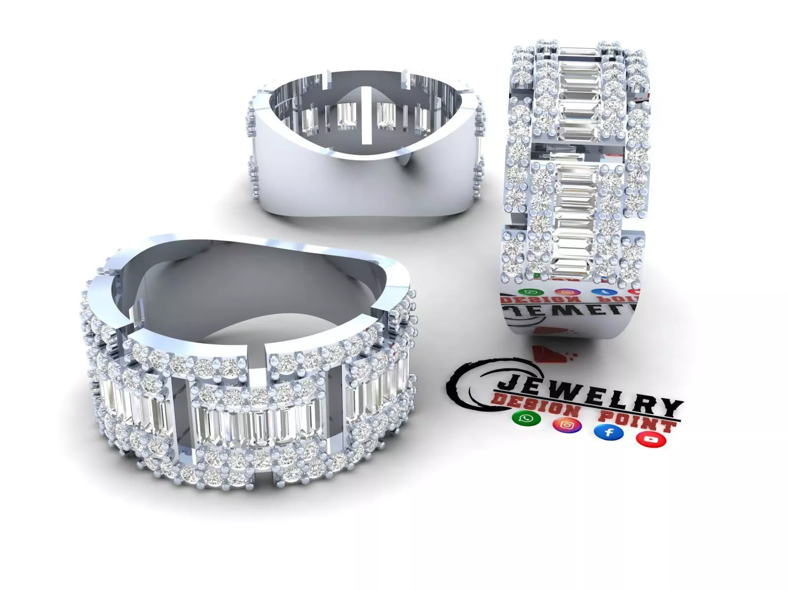 Custom Diamond Ring - Baguette with Round Diamond Ring 3D print model_0