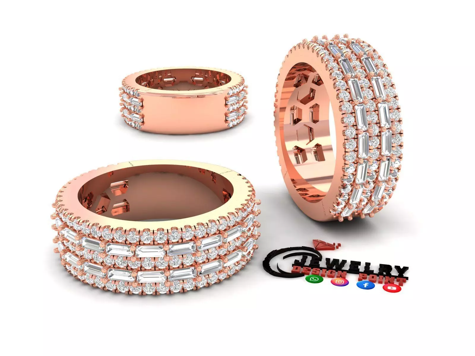 Custom Diamond Ring - Baguette w Round Diamond Ring 3D print model