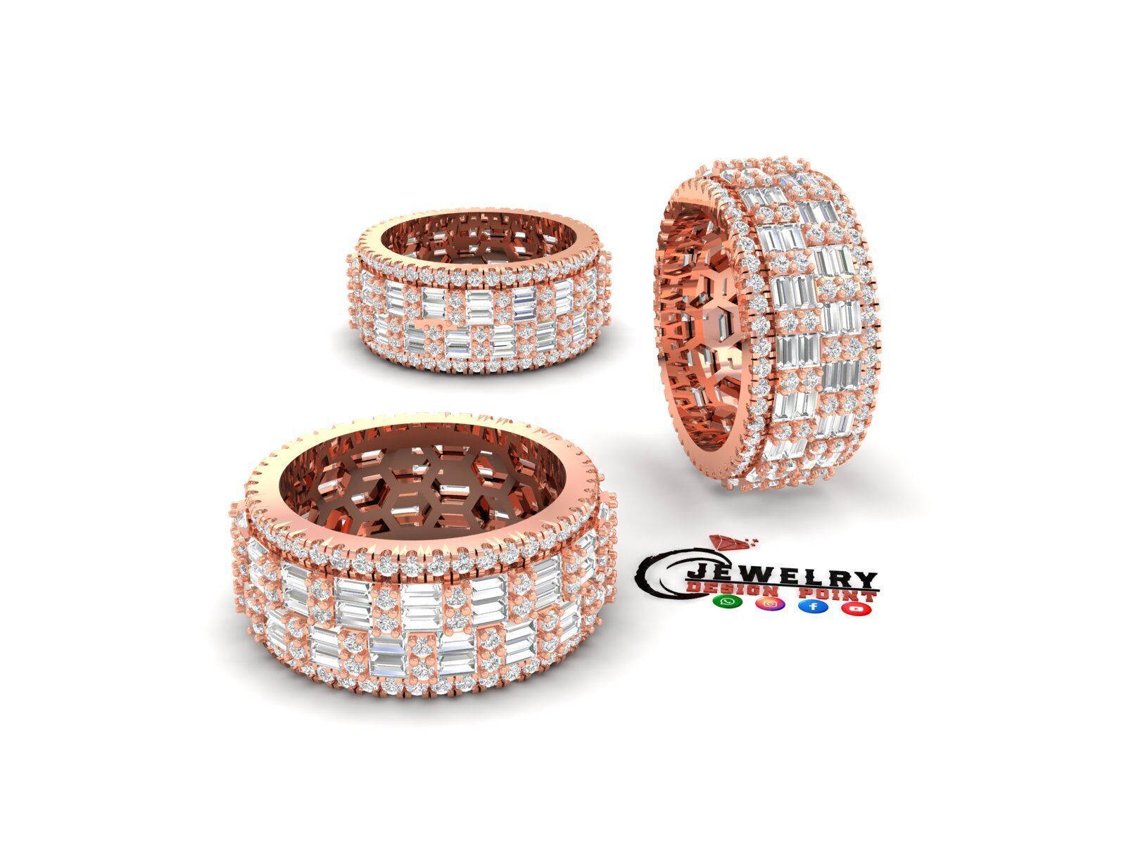 Custom Diamond Ring - Eternity Round w Baguette Diamond Ring 3D print model_3