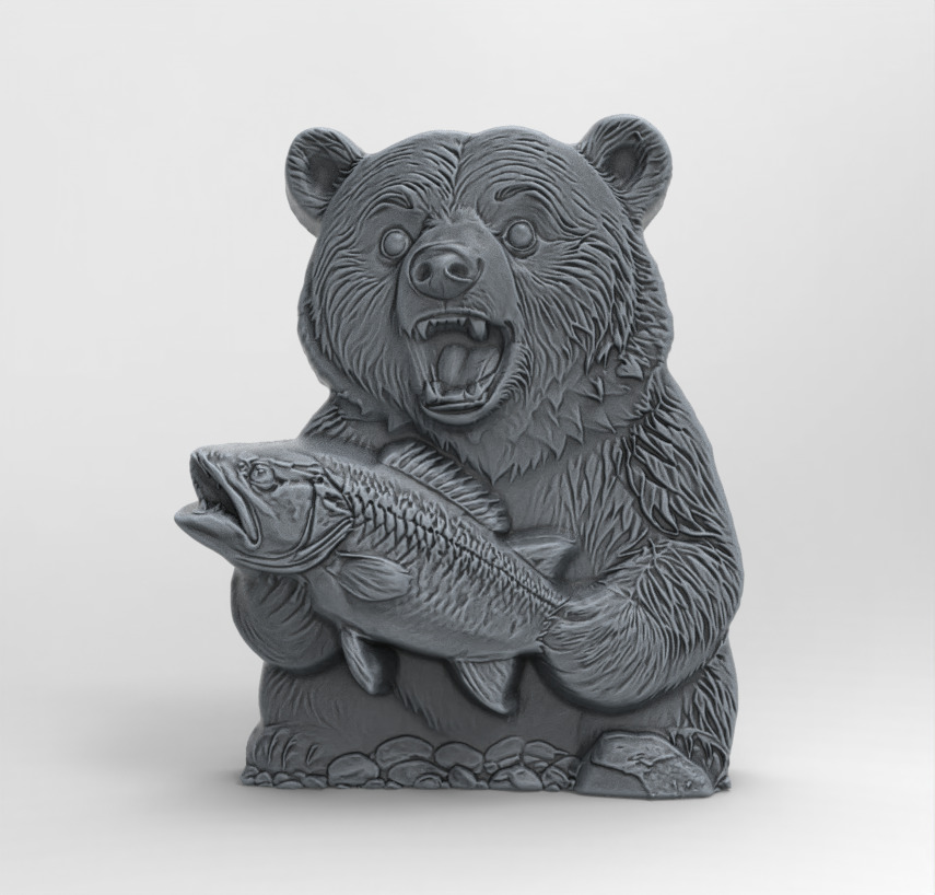 hungry bear holding fish cnc model  3D print model_2