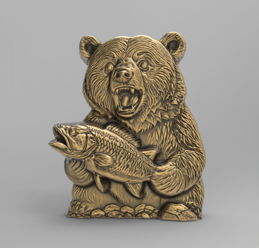 hungry bear holding fish cnc model  3D print model_1