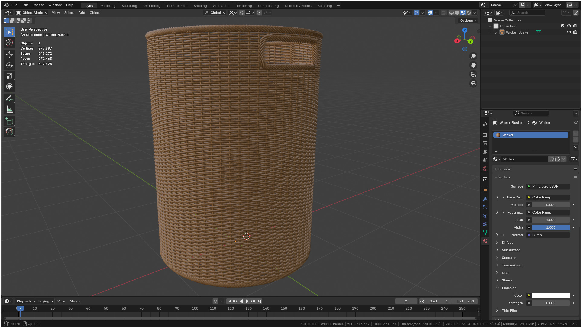 Wicker Basket Cylinder Shape Midpoly 3D model_7