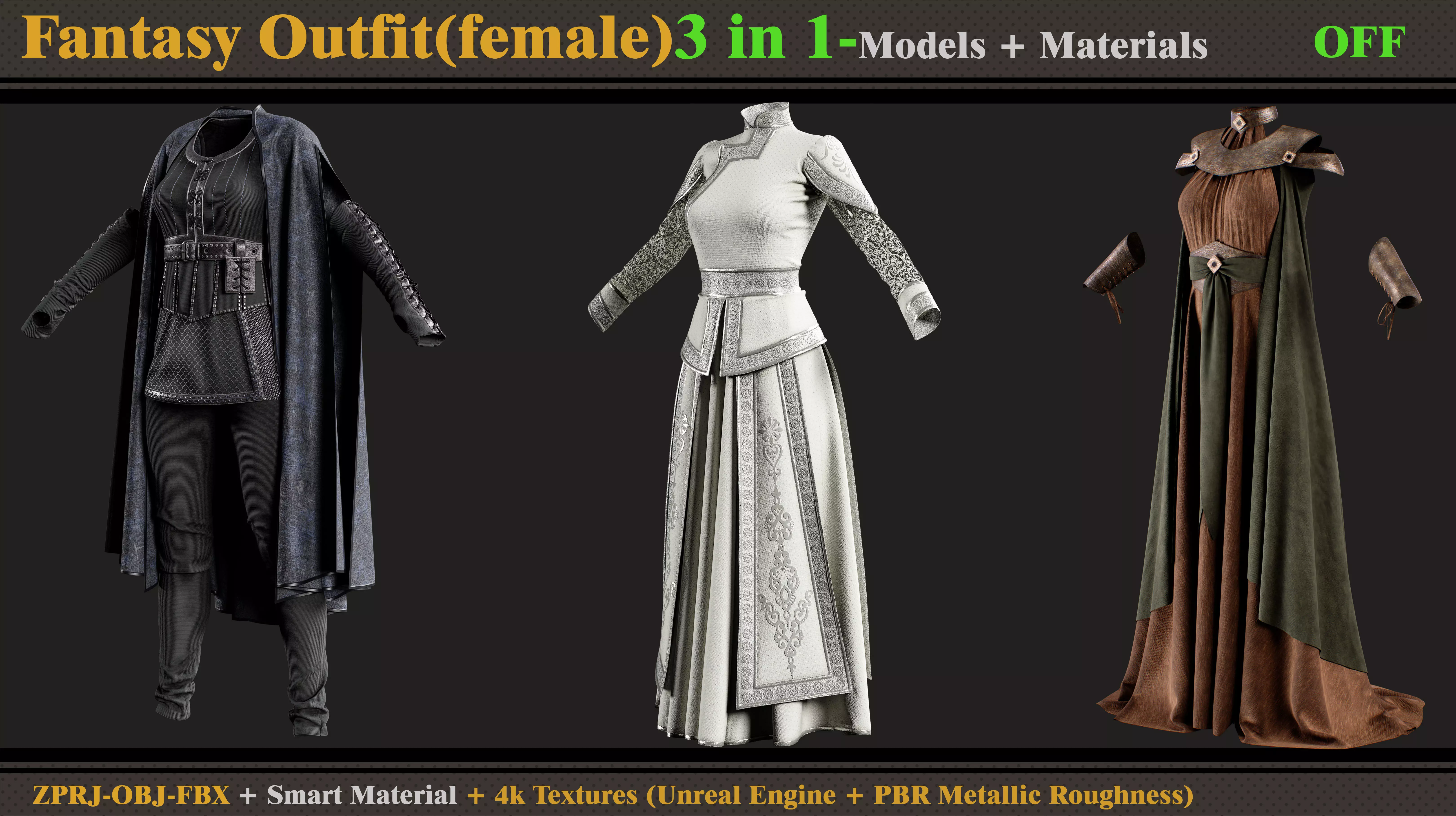 3 in 1 Fantasy Outfits-MDClo3d-OBJ-FBX -ZPRJ-Materials-Textures 3D model_0