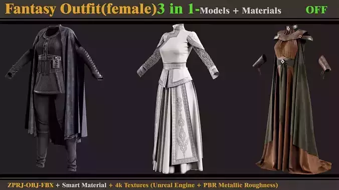 3 in 1 Fantasy Outfits-MDClo3d-OBJ-FBX -ZPRJ-Materials-Textures