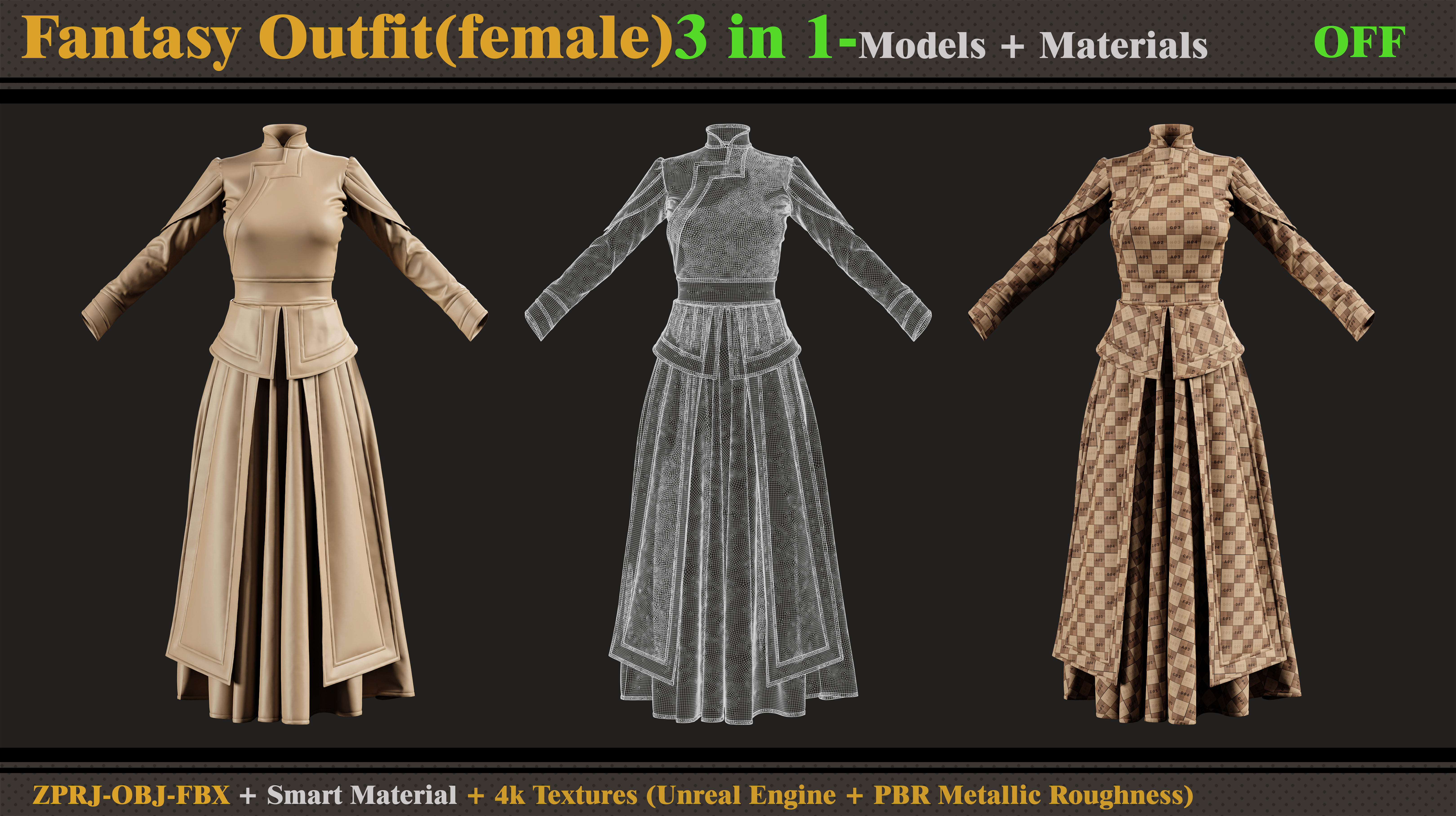 3 in 1 Fantasy Outfits-MDClo3d-OBJ-FBX -ZPRJ-Materials-Textures 3D model_5