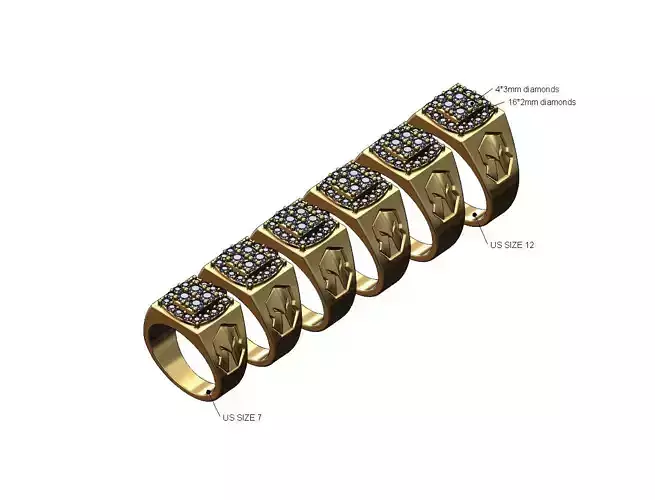 Square diamond cluster spartan helmet sides ring US sizes 7to12