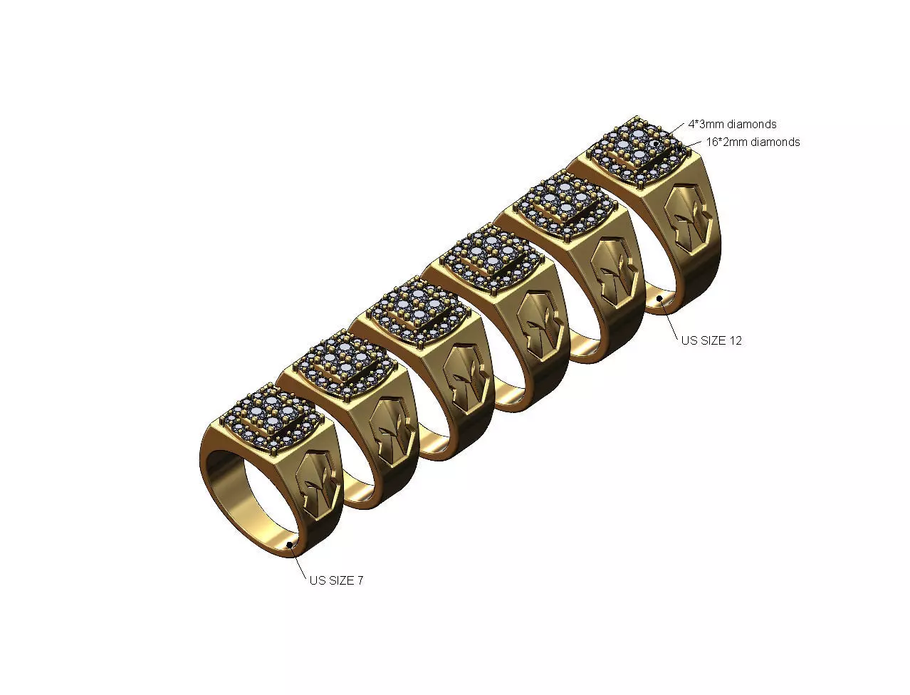 Square diamond cluster spartan helmet sides ring US sizes 7to12 3D print model_0