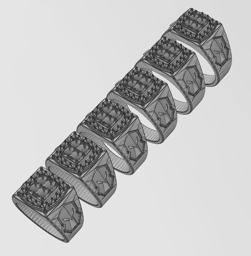Square diamond cluster spartan helmet sides ring US sizes 7to12 3D print model_14