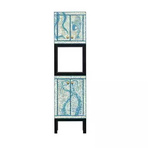 Handcrafted Wooden Cabinet with Marine-Themed Carvings