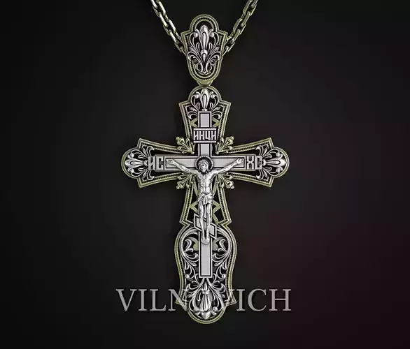 A CROSS WITH A CRUCIFIX AND AN ORNAMENT