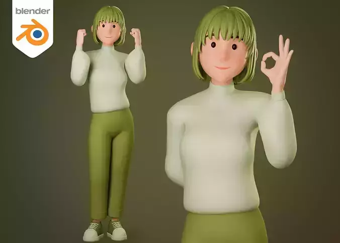 Casual Cartoon Woman in green outfit - Rigged