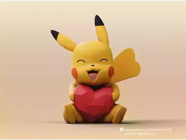Pikachu Pokeman holding a heart 3D print model