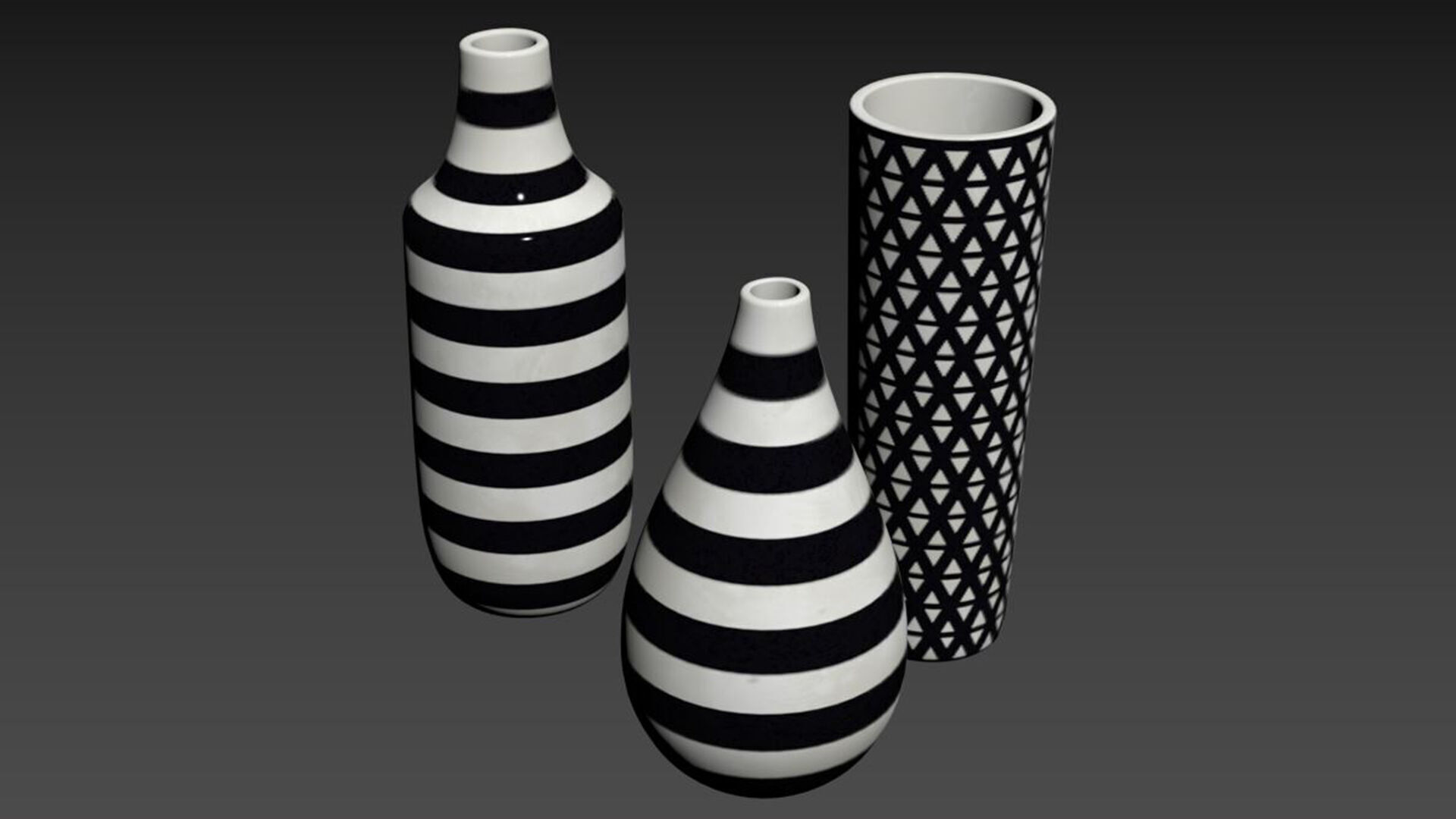 Set of 3 black and white patterned vases 3D model_5