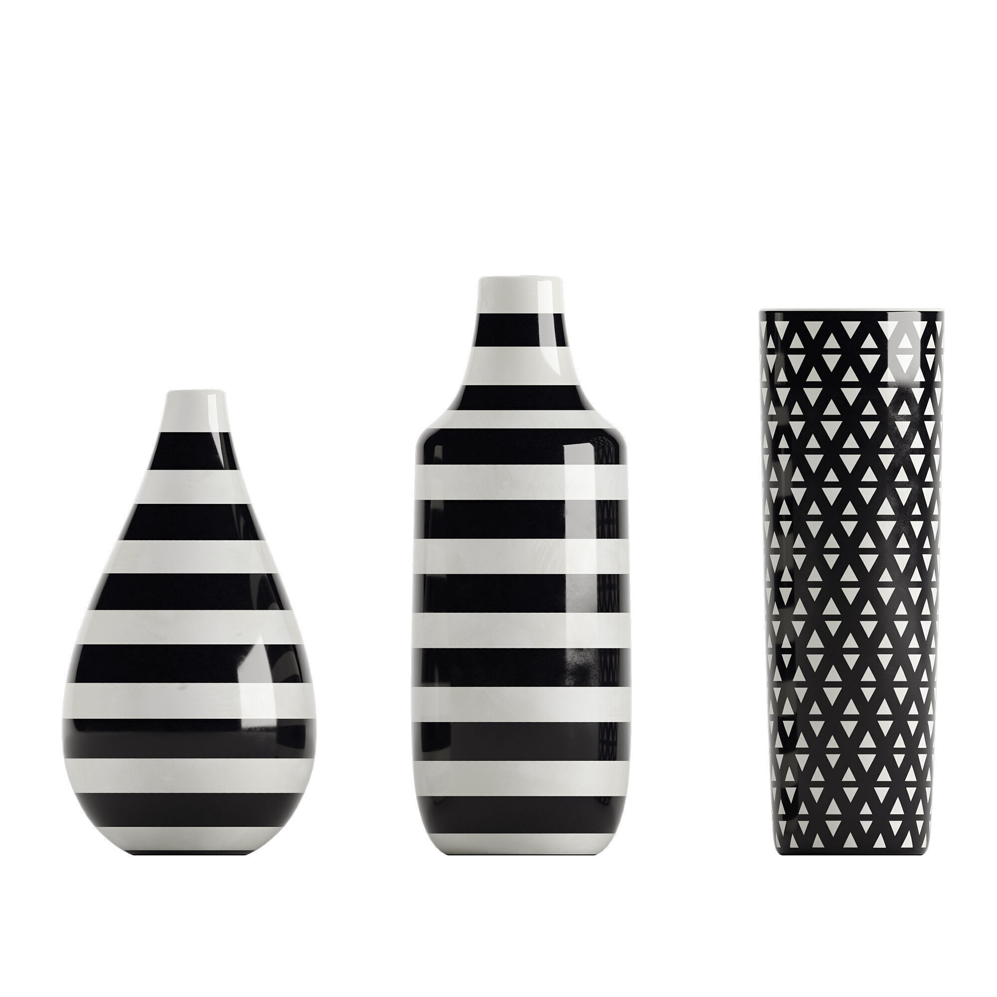 Set of 3 black and white patterned vases 3D model_2