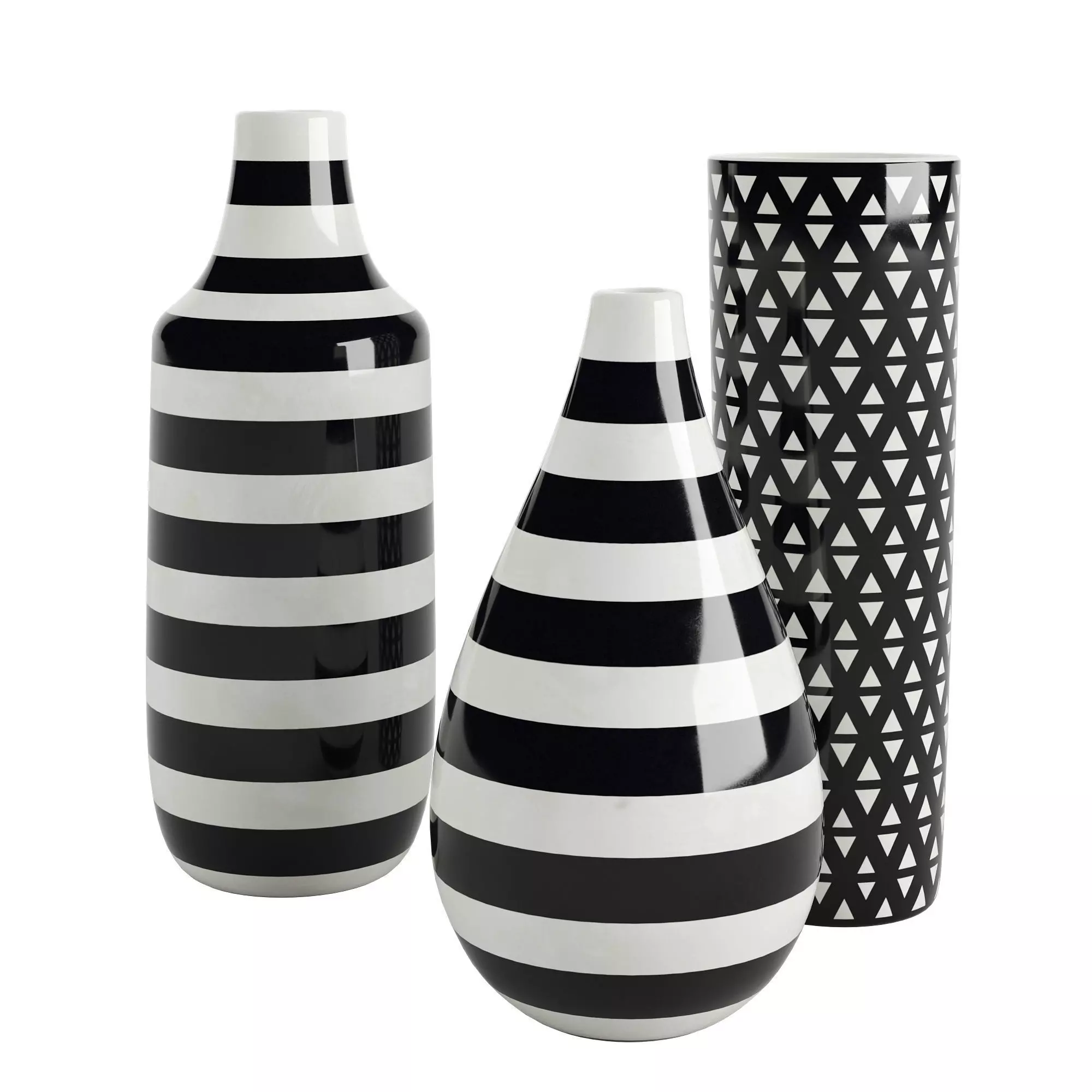 Set of 3 black and white patterned vases 3D model_0