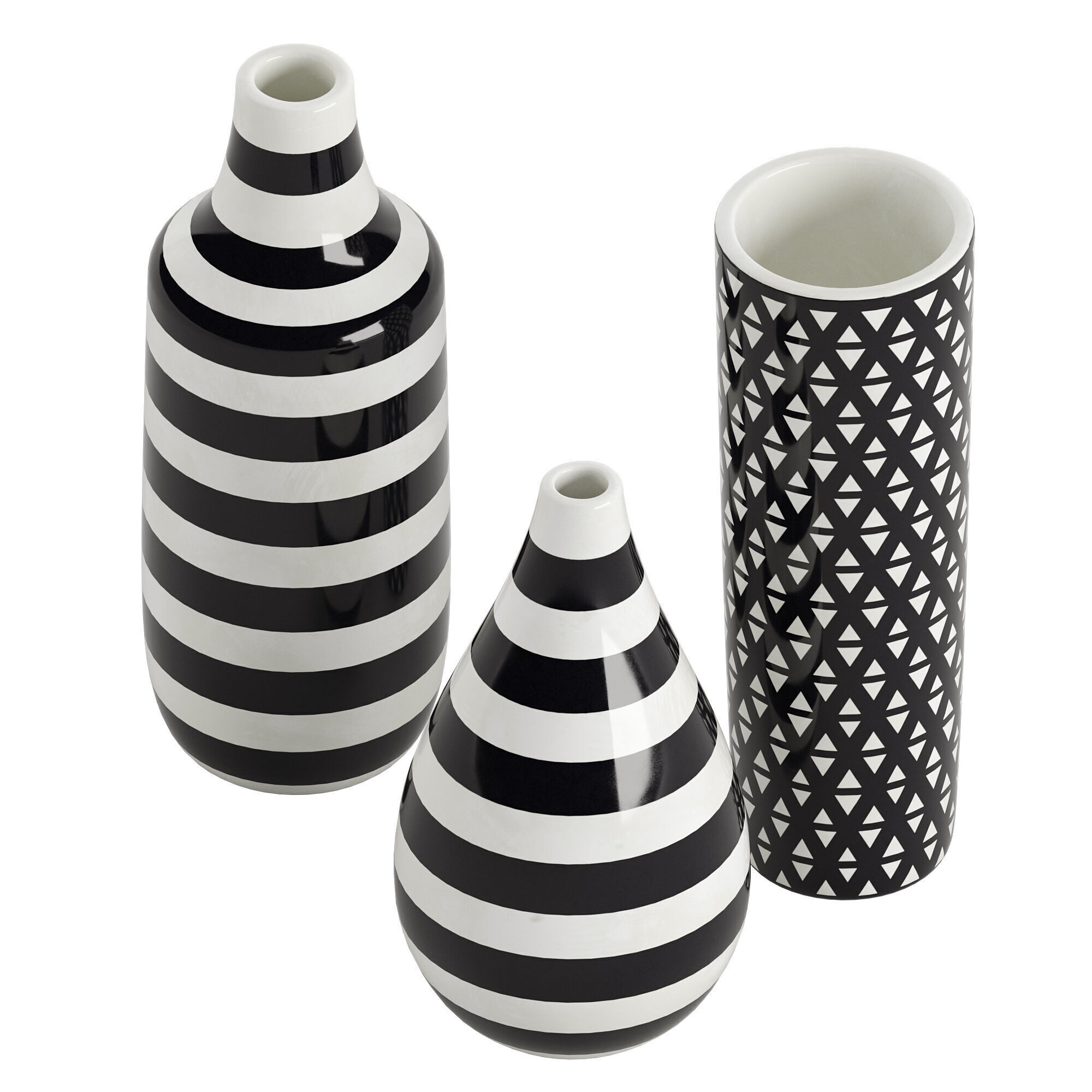 Set of 3 black and white patterned vases 3D model_1