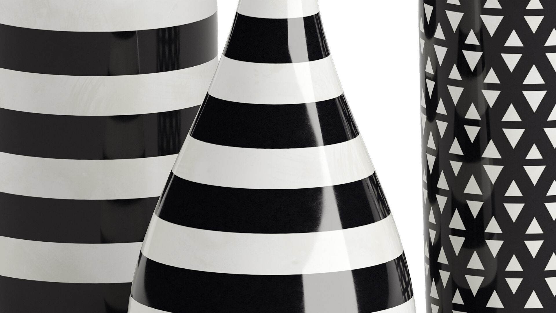 Set of 3 black and white patterned vases 3D model_4