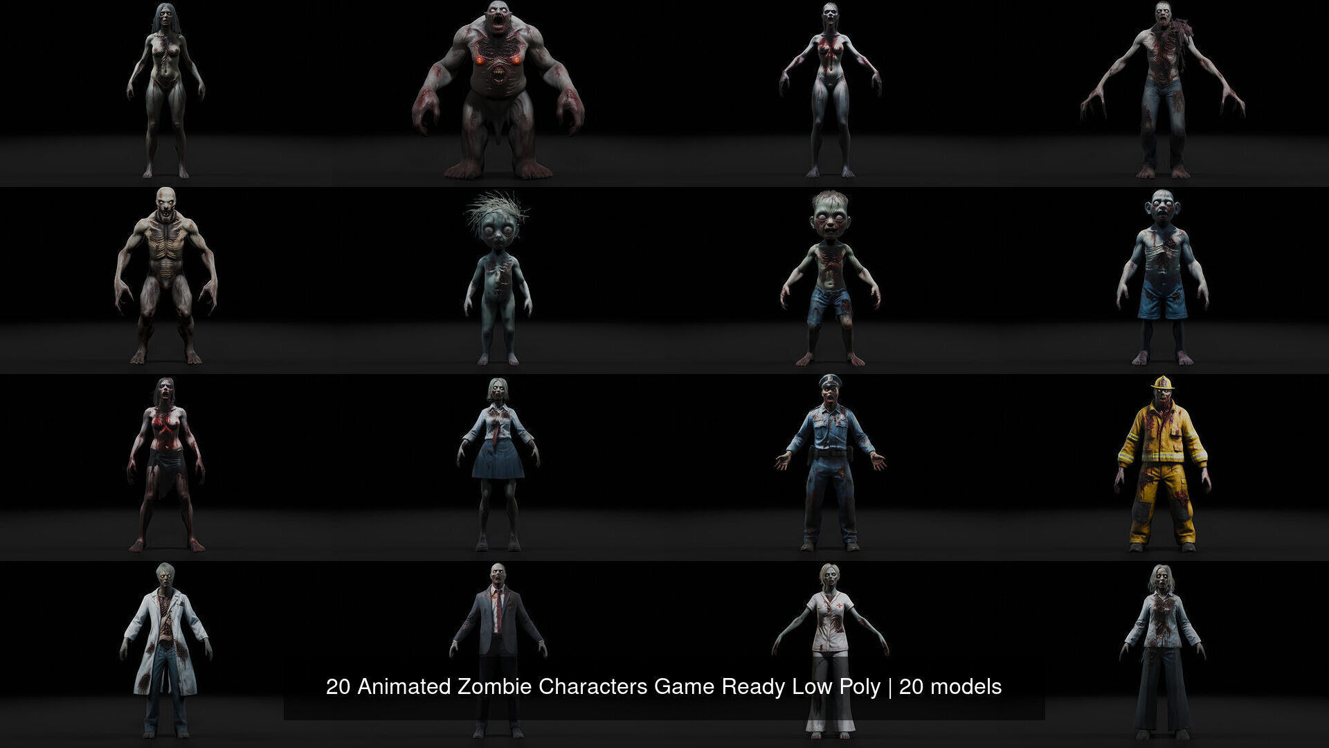 20 Animated Zombie Characters Game Ready Low Poly 3D Model Collection_2