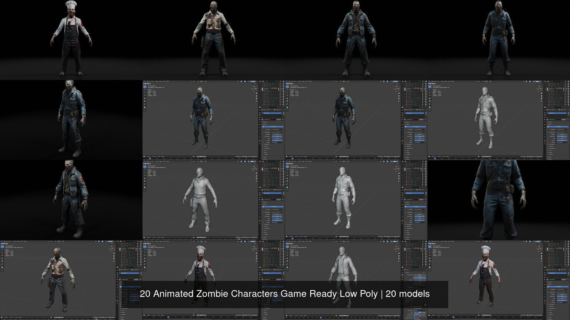 20 Animated Zombie Characters Game Ready Low Poly 3D Model Collection_4
