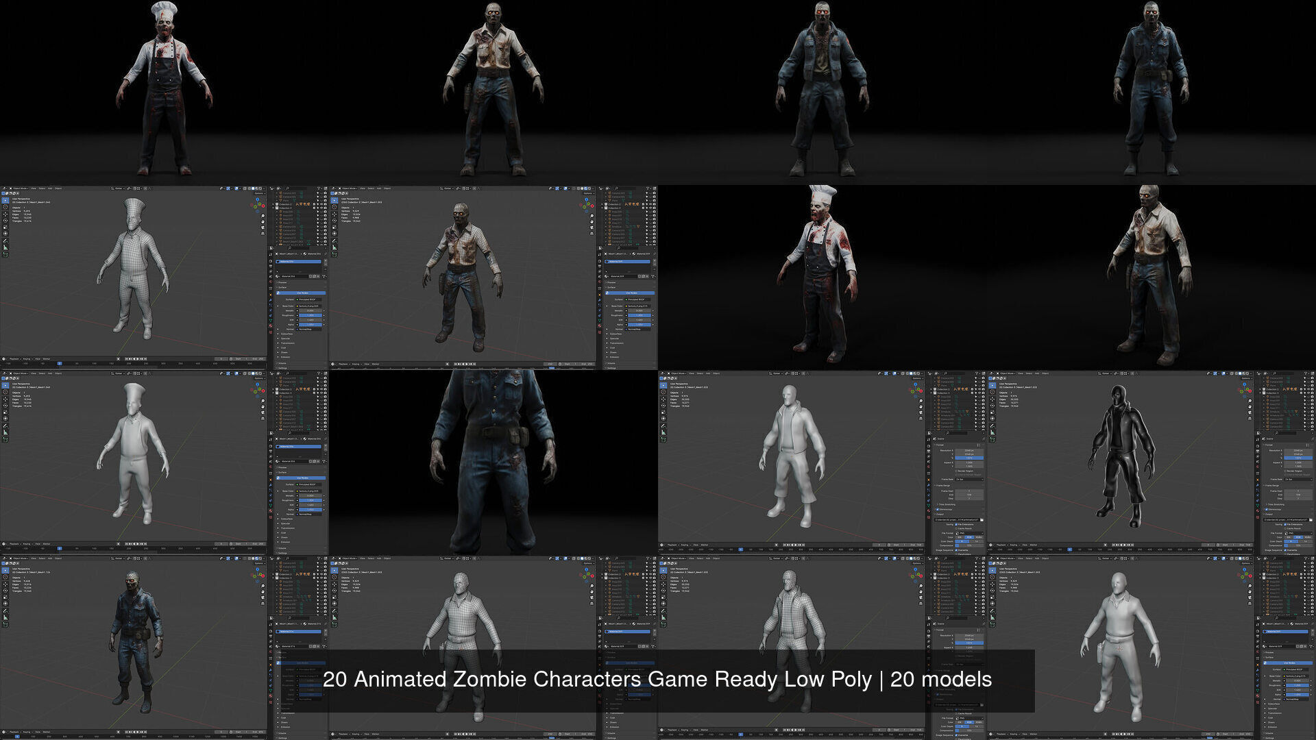 20 Animated Zombie Characters Game Ready Low Poly 3D Model Collection_3