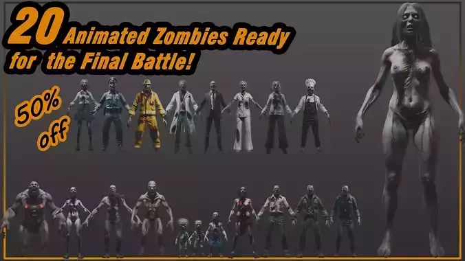 20 Animated Zombie Characters Game Ready Low Poly 3D Model Collection