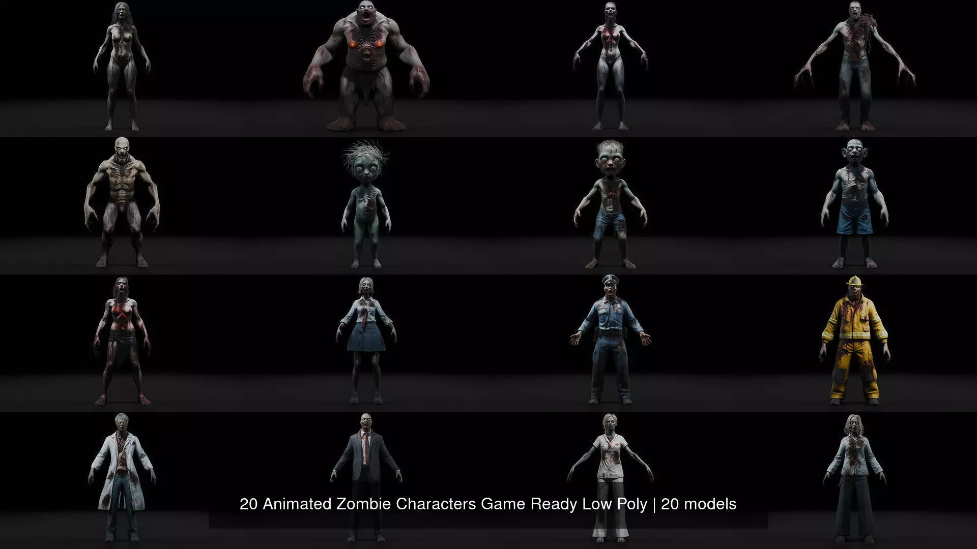 20 Animated Zombie Characters Game Ready Low Poly 3D Model Collection_1