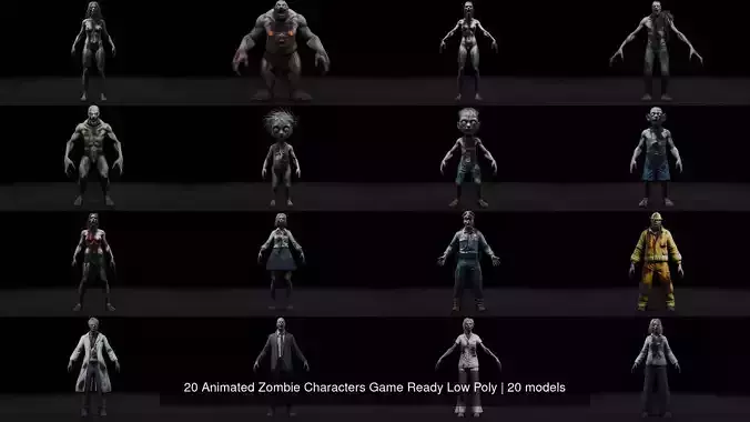 20 Animated Zombie Characters Game Ready Low Poly