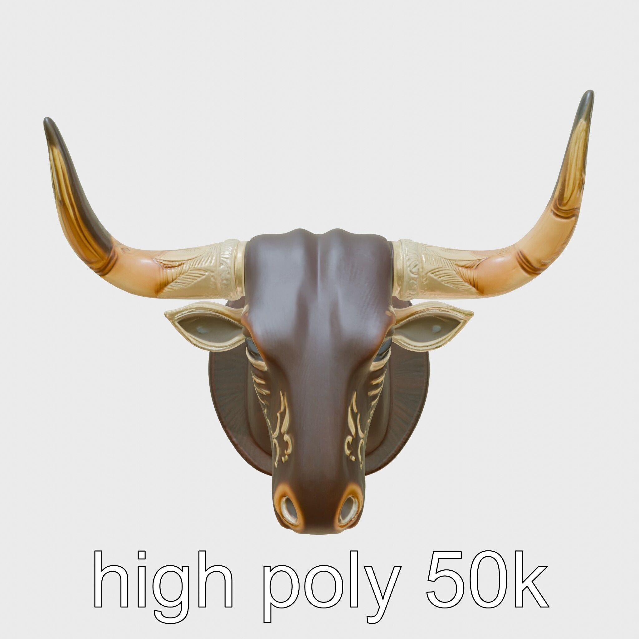 Westward Bull Head with Decorative Horns and Oak Mount Low-poly 3D model_33