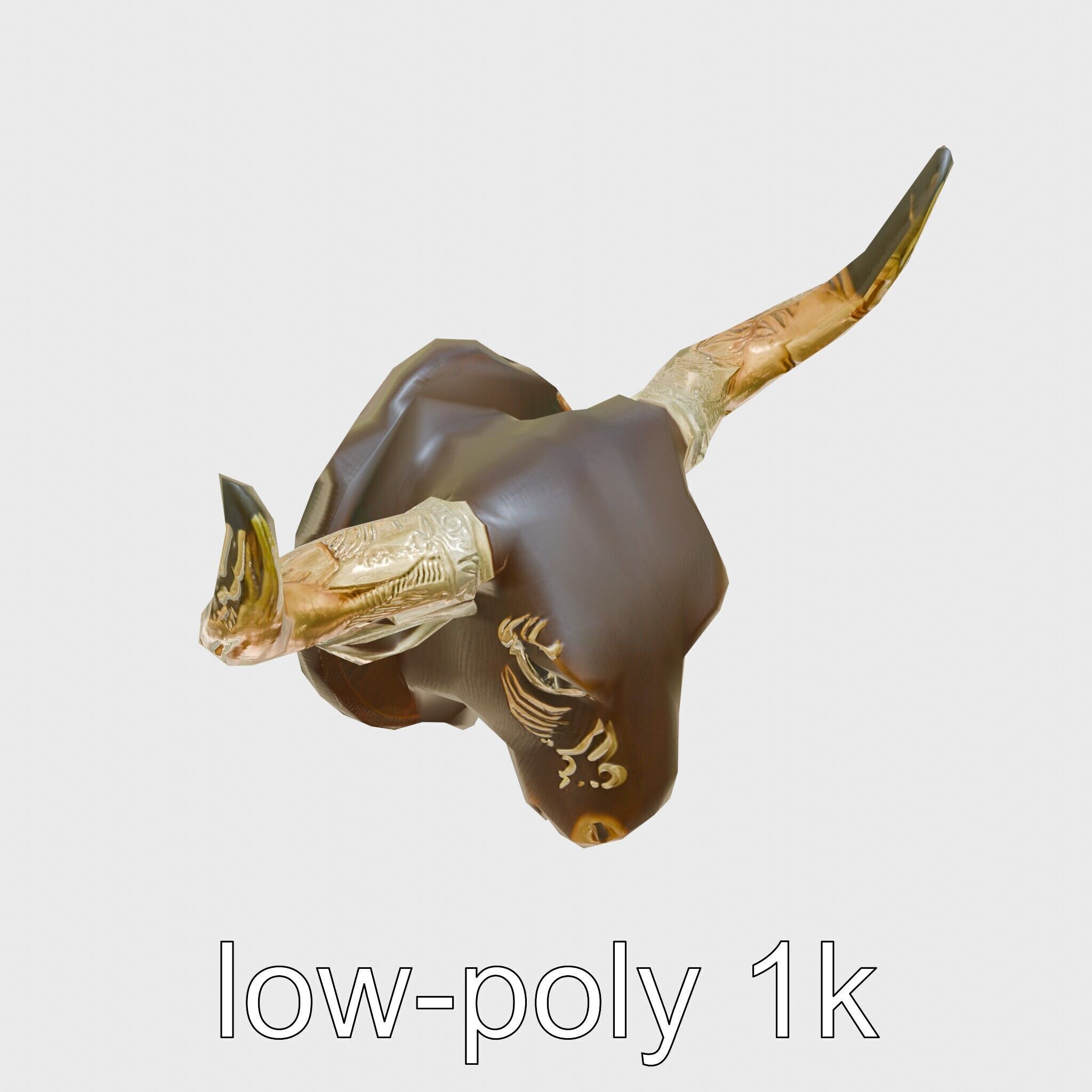 Westward Bull Head with Decorative Horns and Oak Mount Low-poly 3D model_13