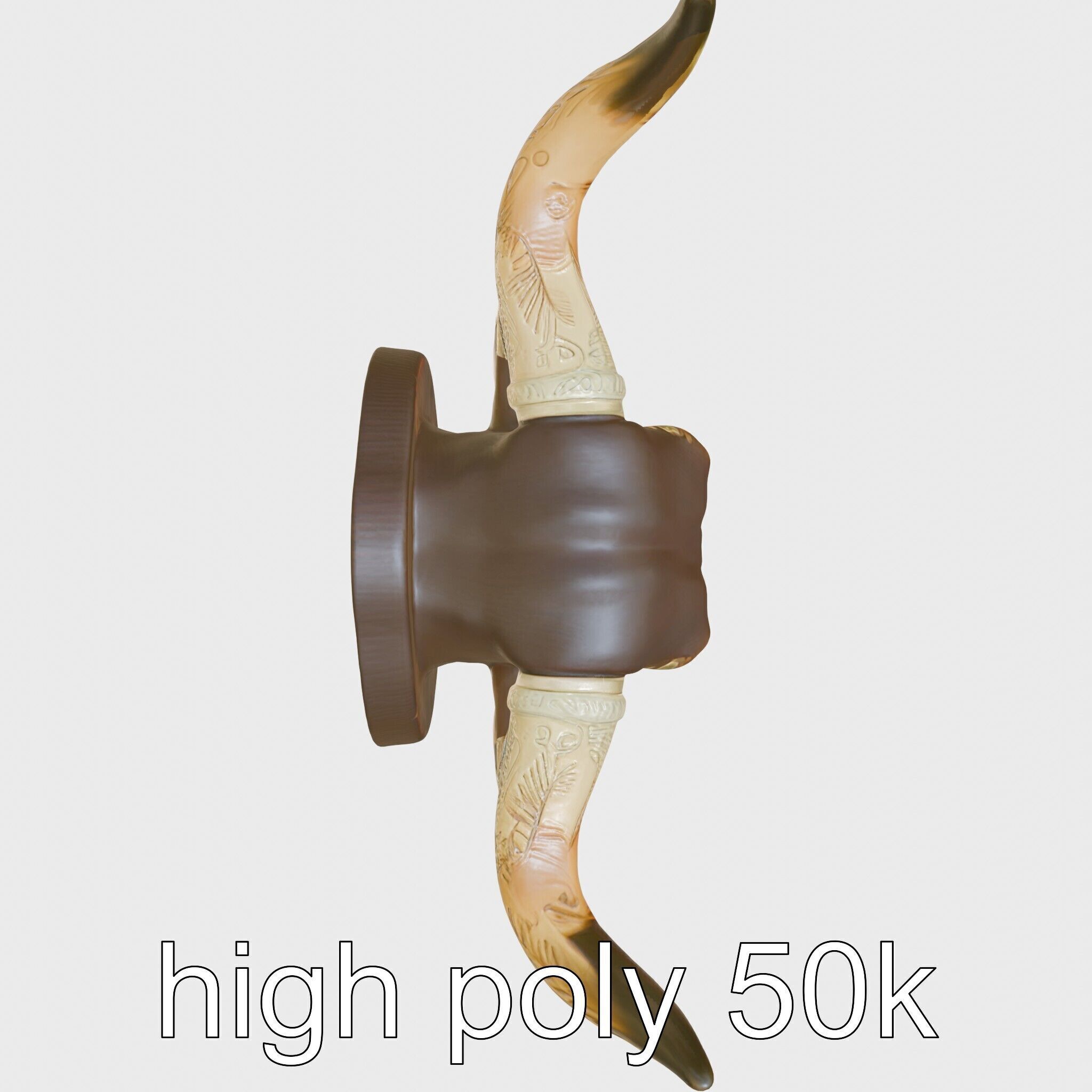 Westward Bull Head with Decorative Horns and Oak Mount Low-poly 3D model_22