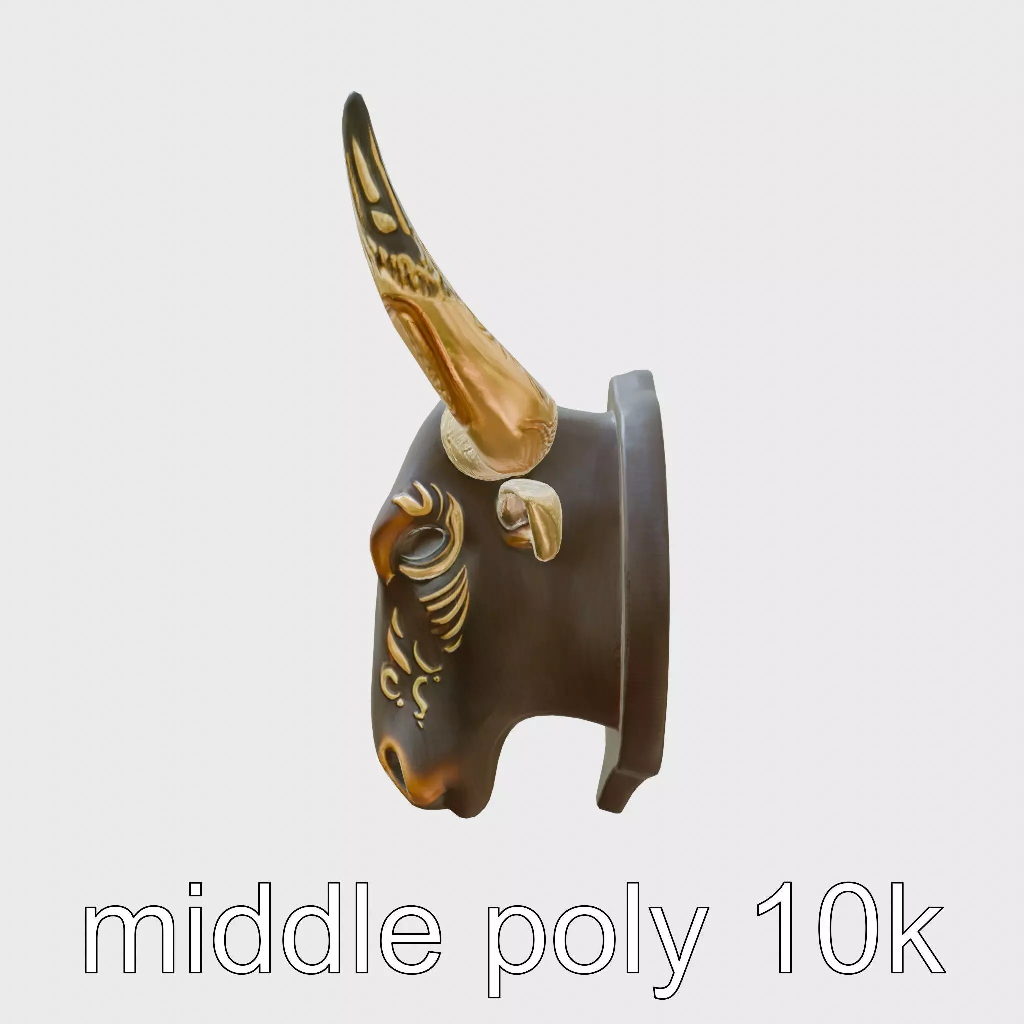 Westward Bull Head with Decorative Horns and Oak Mount Low-poly 3D model_0
