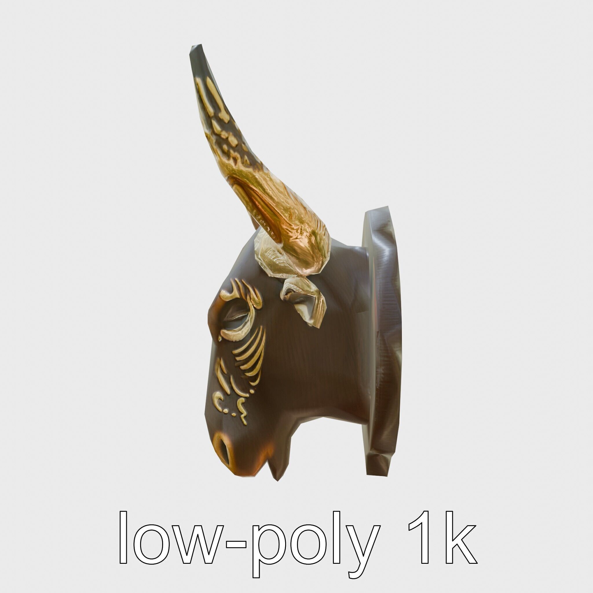 Westward Bull Head with Decorative Horns and Oak Mount Low-poly 3D model_7