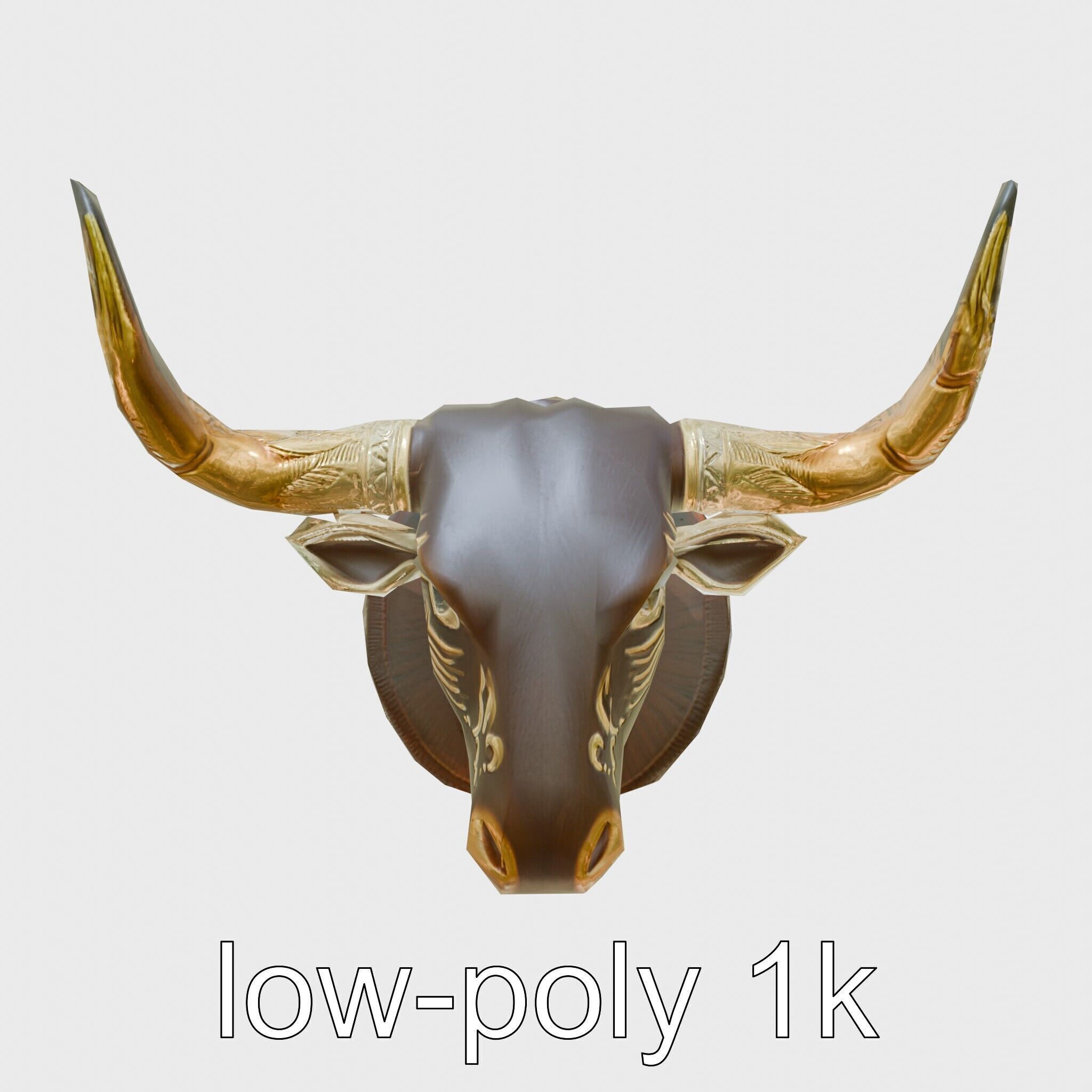 Westward Bull Head with Decorative Horns and Oak Mount Low-poly 3D model_27