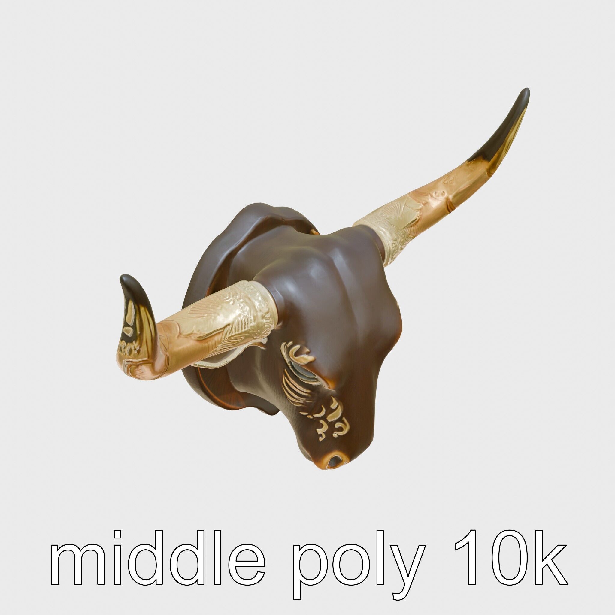 Westward Bull Head with Decorative Horns and Oak Mount Low-poly 3D model_12