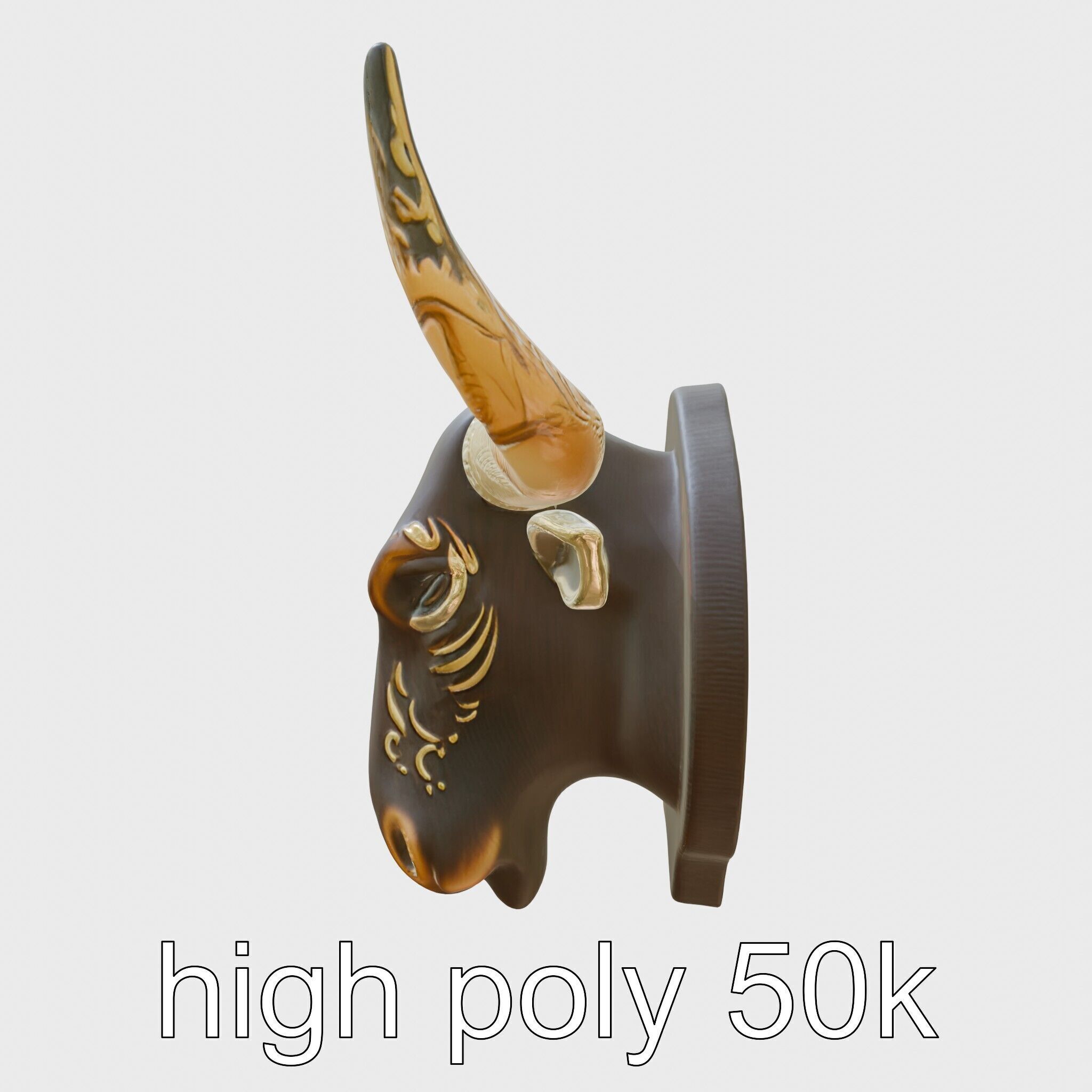 Westward Bull Head with Decorative Horns and Oak Mount Low-poly 3D model_5