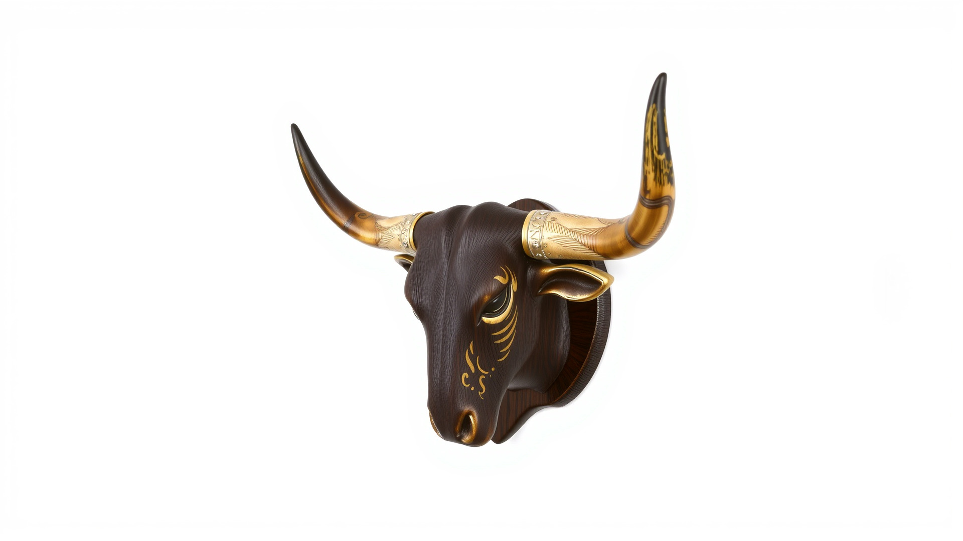 Westward Bull Head with Decorative Horns and Oak Mount Low-poly 3D model_6