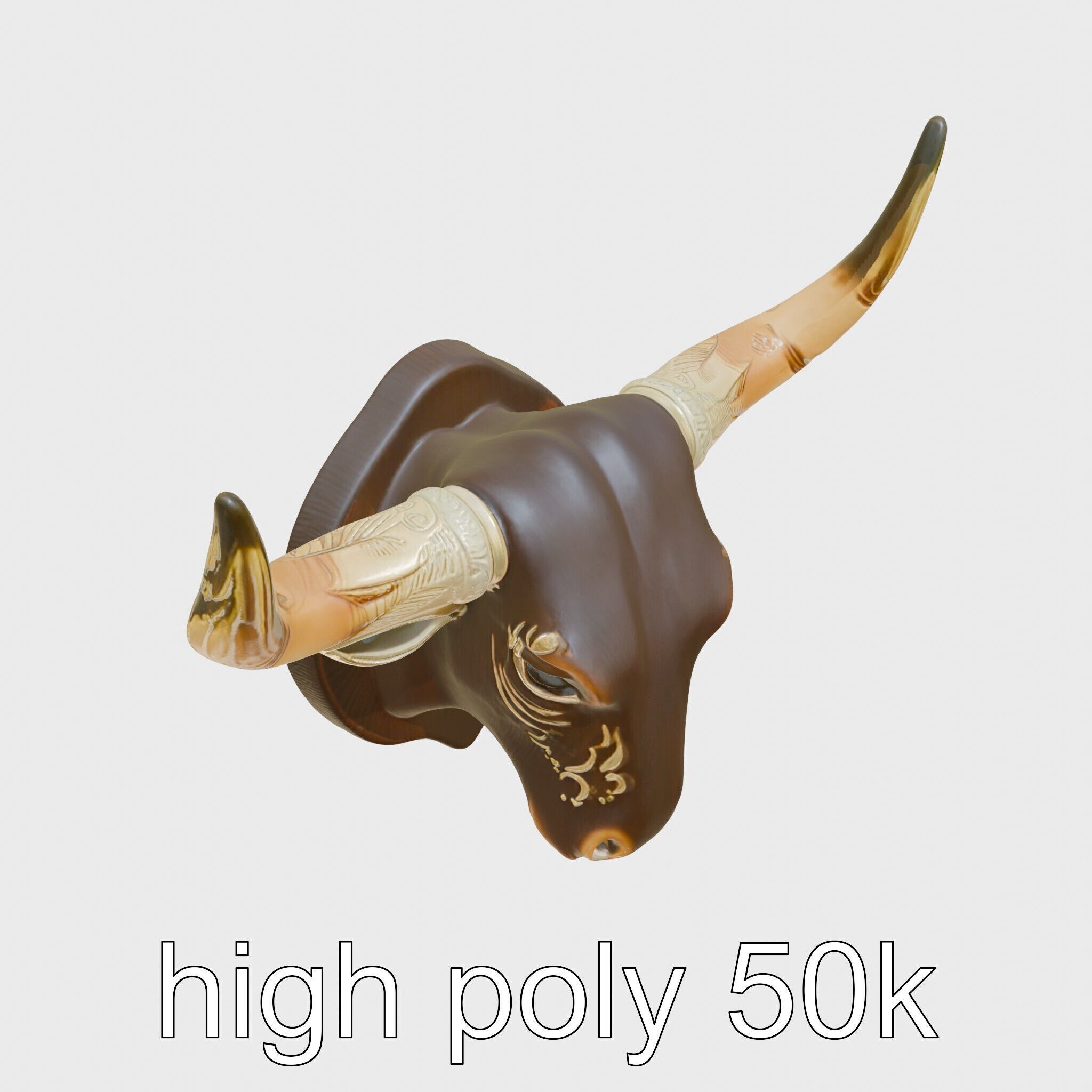 Westward Bull Head with Decorative Horns and Oak Mount Low-poly 3D model_11